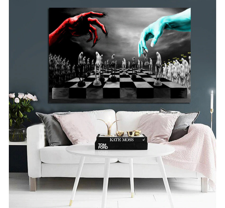 Allernieuwste.nl® Canvas Schilderij * Goed & Slecht Zombie Schaakspel * - Kunst aan je Muur - Surrealistisch Modern - Kleur - 50 x 70 cm