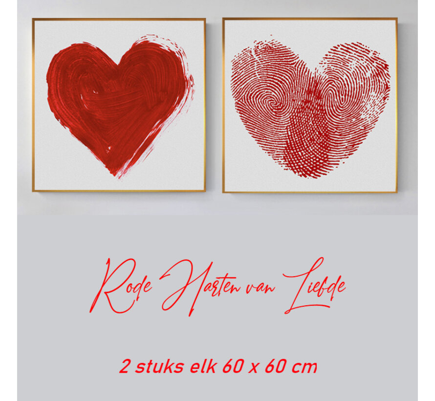 Allernieuwste.nl® SET van 2 st. Canvas Schilderij Rode Harten van Liefde - Kunst aan je Muur - Modern Abstract - kleur Rood - SET 2x 60 x 60 cm