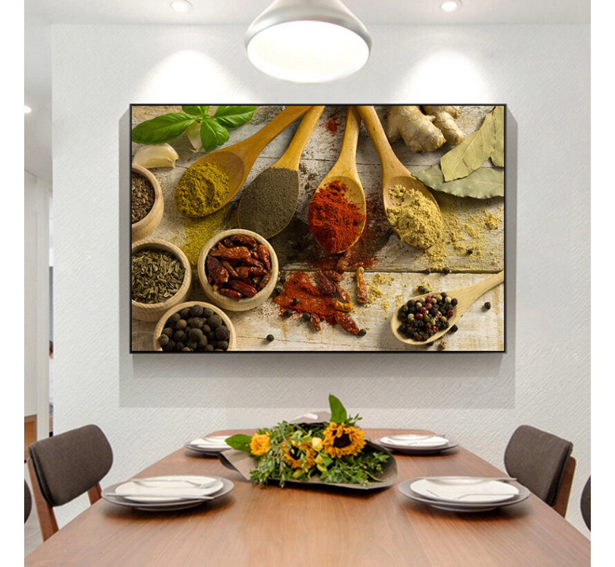 Allernieuwste.nl® Canvas Schilderij Keuken Kruiden en Specerijen - Kunst aan je Muur - Realistisch - VeelKleurig - 50 x 75 cm