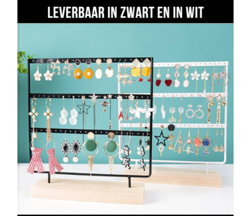 Allernieuwste.nl Sieradenrekje met Houten Voet - 69 oorbellen - 3 Verdiepingen - Kleur Zwart