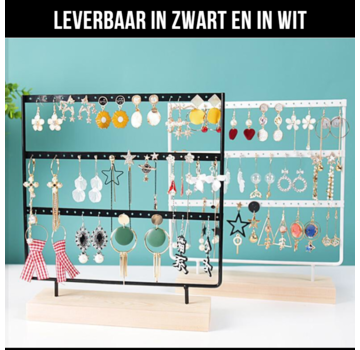 Allernieuwste.nl Sieradenrekje met Houten Voet - 69 oorbellen - 3 Verdiepingen - Kleur Zwart
