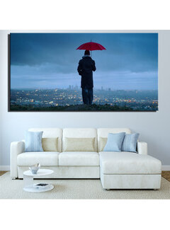 Allernieuwste.nl Canvas Schilderij Moderne Stad met Man met Paraplu - 50 x 100 cm