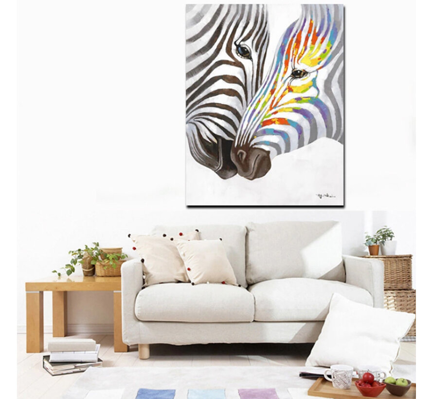Allernieuwste.nl® Canvas Schilderij Verliefde Zebras Grafitti - Kunst aan je Muur - Graffiti - ZwartWit Kleur - 50 x 75 cm