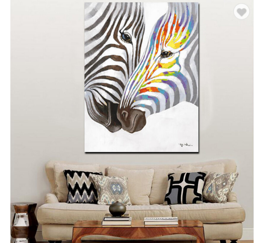 Allernieuwste.nl® Canvas Schilderij Verliefde Zebras Grafitti - Kunst aan je Muur - Graffiti - ZwartWit Kleur - 50 x 75 cm