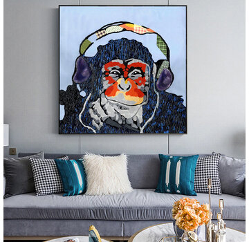 Allernieuwste.nl® Canvas Schilderij  Luisterende Aap met Headphones - PopArt Modern - Poster -  Reproductie - 60 x 60 cm - Kleur
