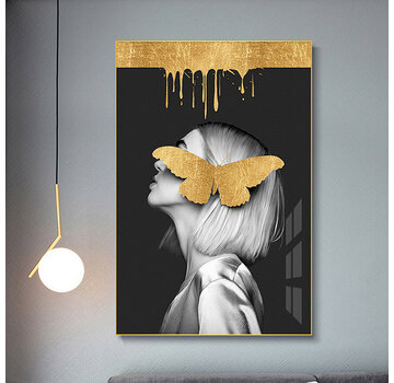 Allernieuwste.nl® Canvas Schilderij * Gouden Vlinder Meisje 2 * - Kunst aan je Muur - Modern - zwartwit en goud - 50 x 75 cm
