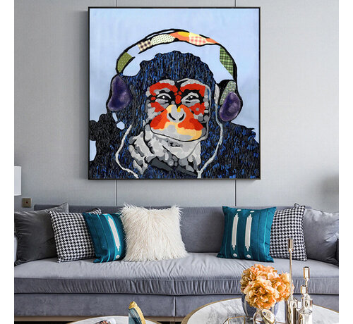 Allernieuwste.nl Allernieuwste.nl® Canvas Schilderij Luisterende Aap met Headphones - PopArt Modern - Poster - Reproductie - 60 x 60 cm - Kleur
