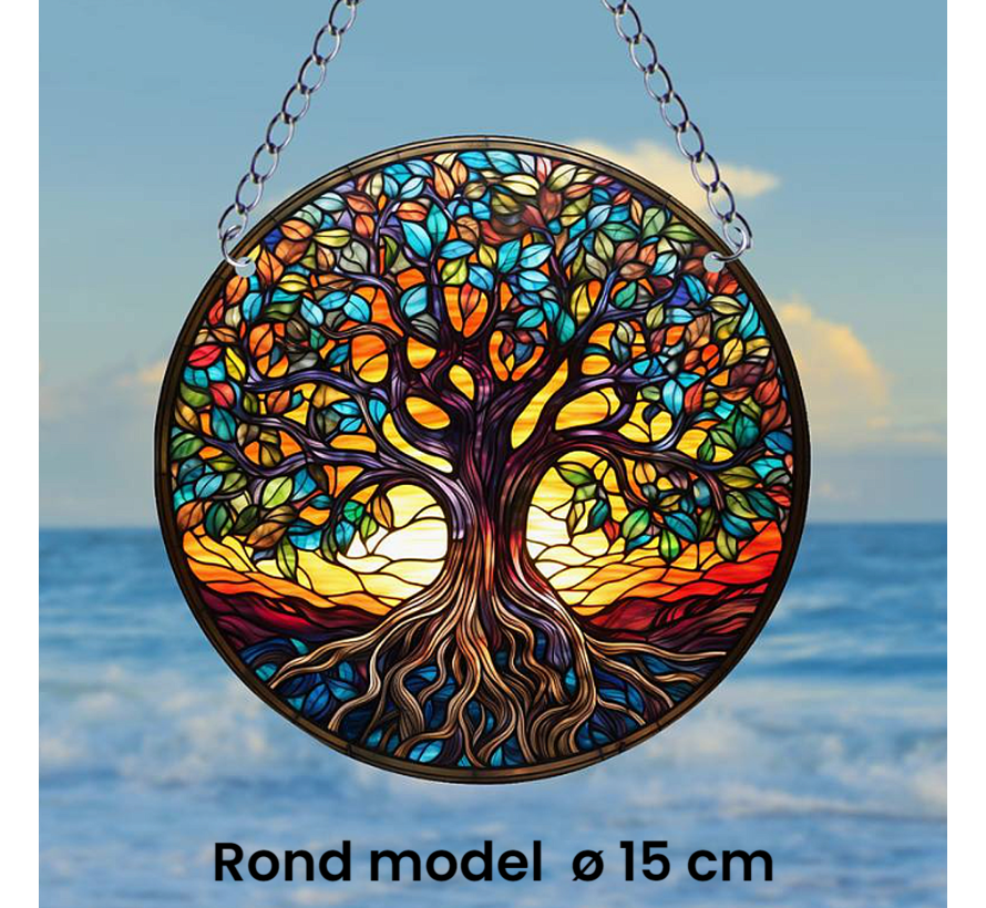 Allernieuwste.nl® Raamhanger Raamdecoratie Oude Levensboom - Kleurige Hangende Zonnevanger Rond Acryl met Ketting - Suncatcher Rond model 15 cm %%