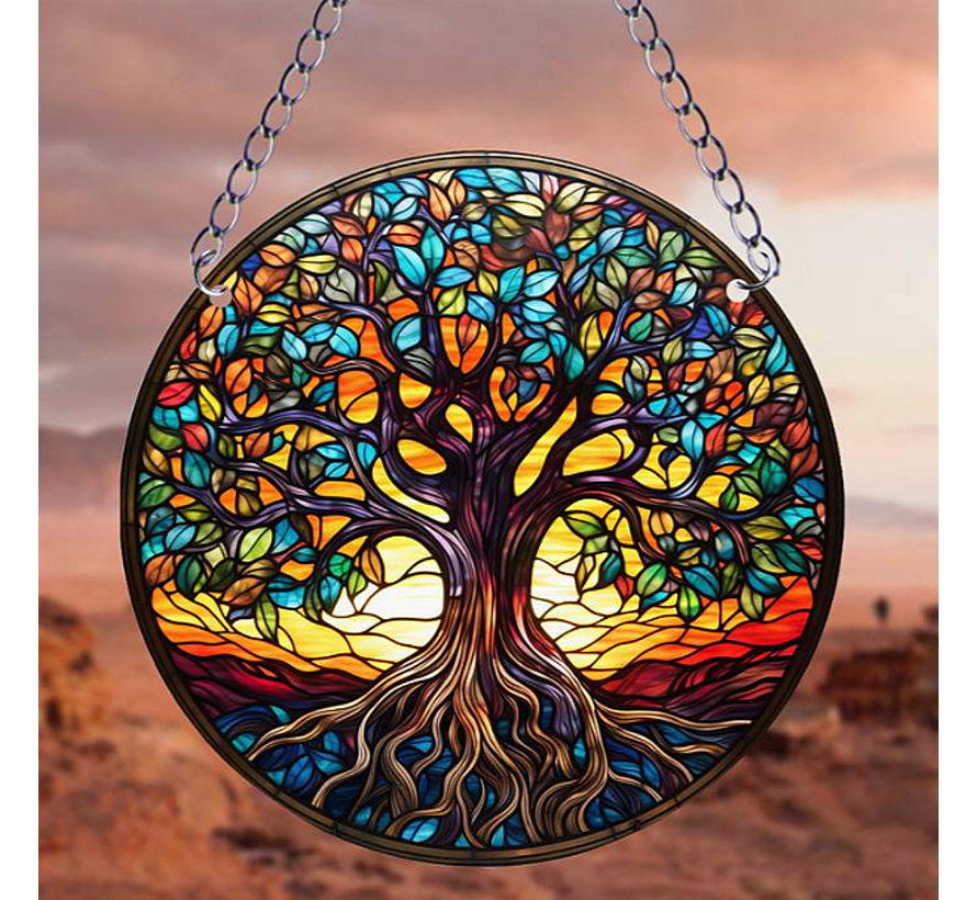 Allernieuwste.nl® Raamhanger Raamdecoratie Oude Levensboom - Kleurige Hangende Zonnevanger Rond Acryl met Ketting - Suncatcher Rond model 15 cm %%