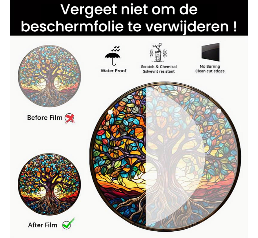 Allernieuwste.nl® Raamhanger Raamdecoratie Oude Levensboom - Kleurige Hangende Zonnevanger Rond Acryl met Ketting - Suncatcher Rond model 15 cm %%