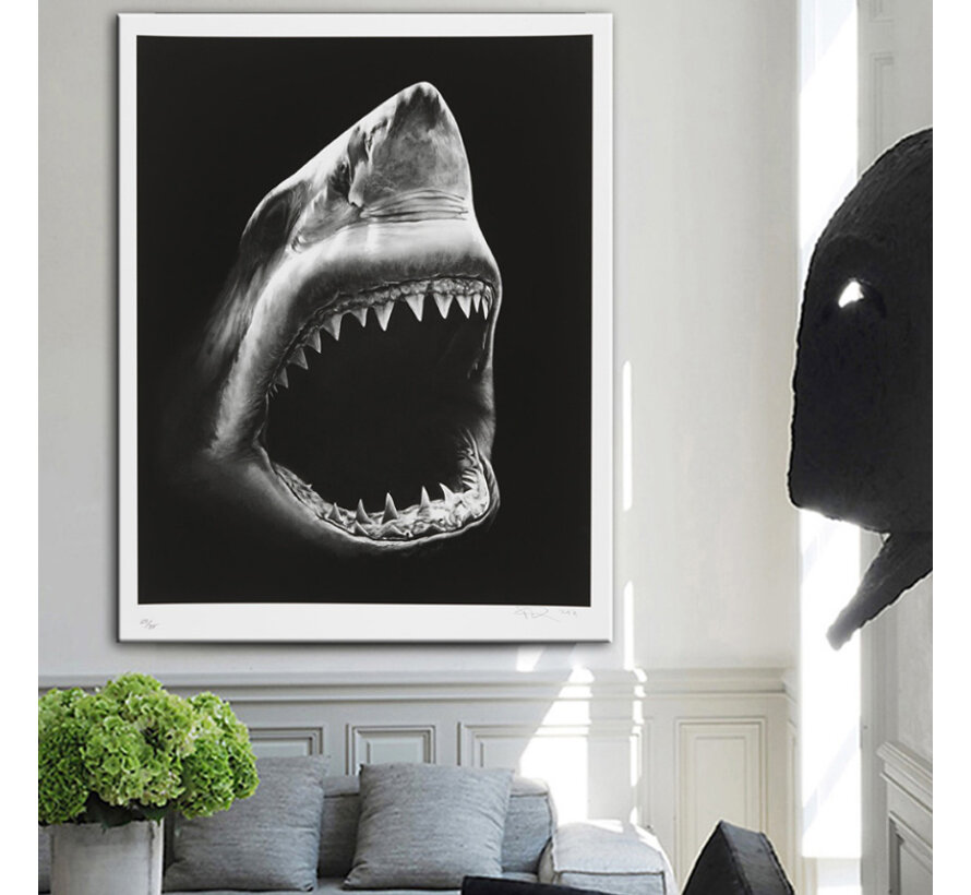 Allernieuwste.nl®Canvas Schilderij Haai met Tanden - Kunst aan je Muur - Modern - Zwart Wit - 50 x 70 cm