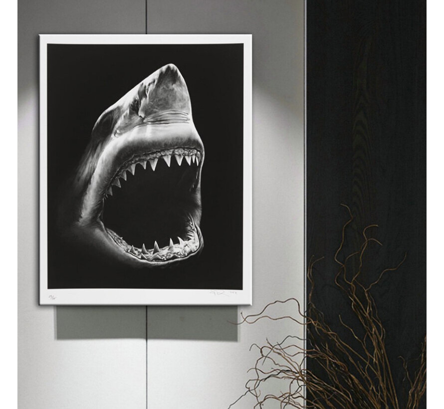 Allernieuwste.nl®Canvas Schilderij Haai met Tanden - Kunst aan je Muur - Modern - Zwart Wit - 50 x 70 cm