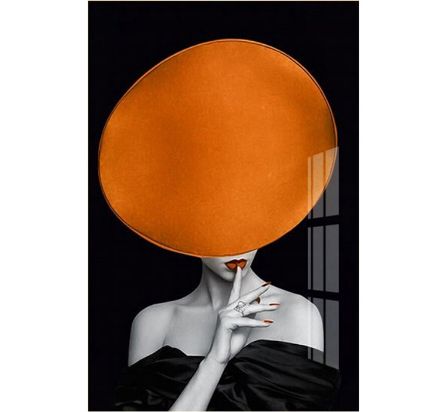 Allernieuwste.nl® Canvas Schilderij Dame met enorme Hoed - Kunst aan je Muur - Modern - zwartwit en oranje - 50 x 75 cm