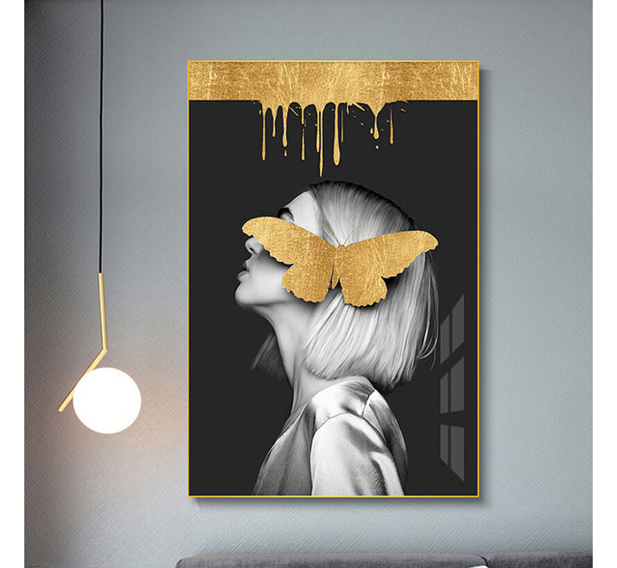 Allernieuwste.nl® Canvas Schilderij Gouden Vlinder Meisje 2 - Kunst aan je Muur - Modern - zwartwit en goud - 50 x 75 cm
