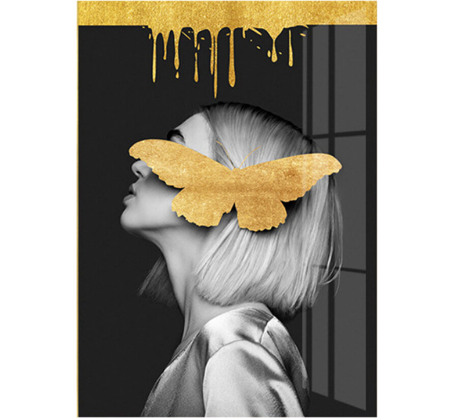 Allernieuwste.nl® Canvas Schilderij Gouden Vlinder Meisje 2 - Kunst aan je Muur - Modern - zwartwit en goud - 50 x 75 cm
