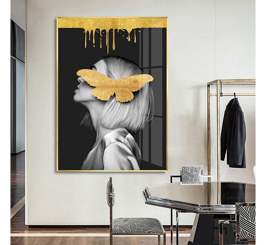 Allernieuwste.nl® Canvas Schilderij Gouden Vlinder Meisje 2 - Kunst aan je Muur - Modern - zwartwit en goud - 50 x 75 cm