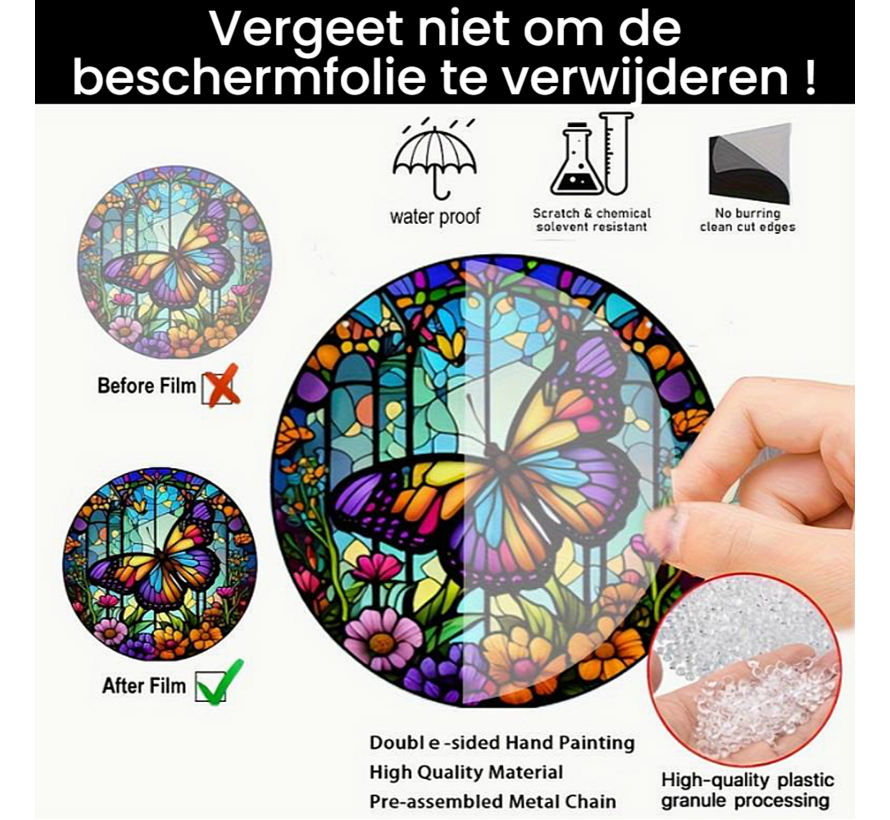 Allernieuwste.nl® Raamhanger Raamdecoratie Kleurrijke Vlinder 2 - Kleurige Zonnevanger Rond-geschulpt Acryl met Ketting - Suncatcher Rond-Geschulpt model 15 cm %%