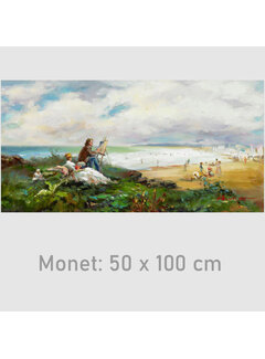 Allernieuwste.nl Canvas Schilderij Claude Monet Schilderen aan het Strand - 50 x 100 cm