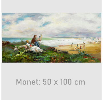 Allernieuwste.nl Canvas Schilderij Claude Monet Schilderen aan het Strand - 50 x 100 cm