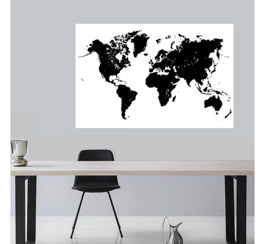 Allernieuwste.nl® Canvas Schilderij Zwart-Wit Wereldkaart Landkaart - Moderne Kunst aan je Muur - Minimalistisch - ZwartWit - 60 x 80 cm