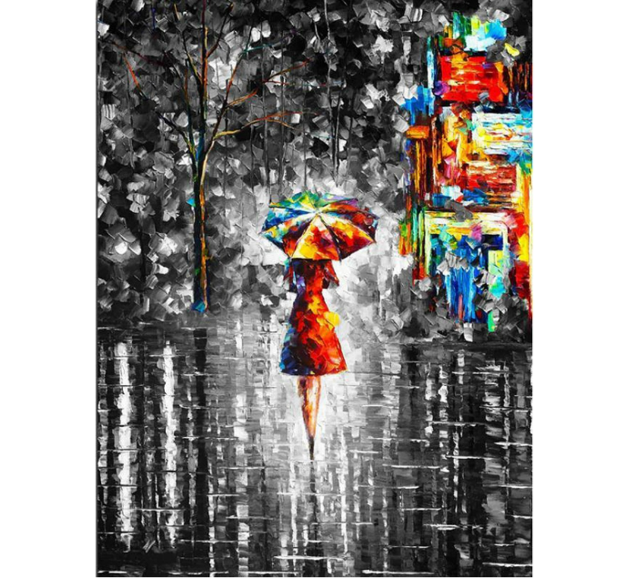 Allernieuwste.nl® Canvas Schilderij Vrouw met Paraplu in Regenachtige Nacht - Modern Realistisch - Kleur - 50 x 70 cm