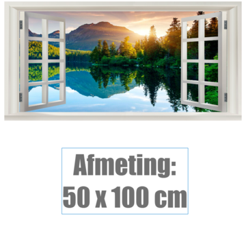 Allernieuwste.nl Canvas Schilderij Extra Venster met uitzicht Bergen en Meer - 50 x 100 cm