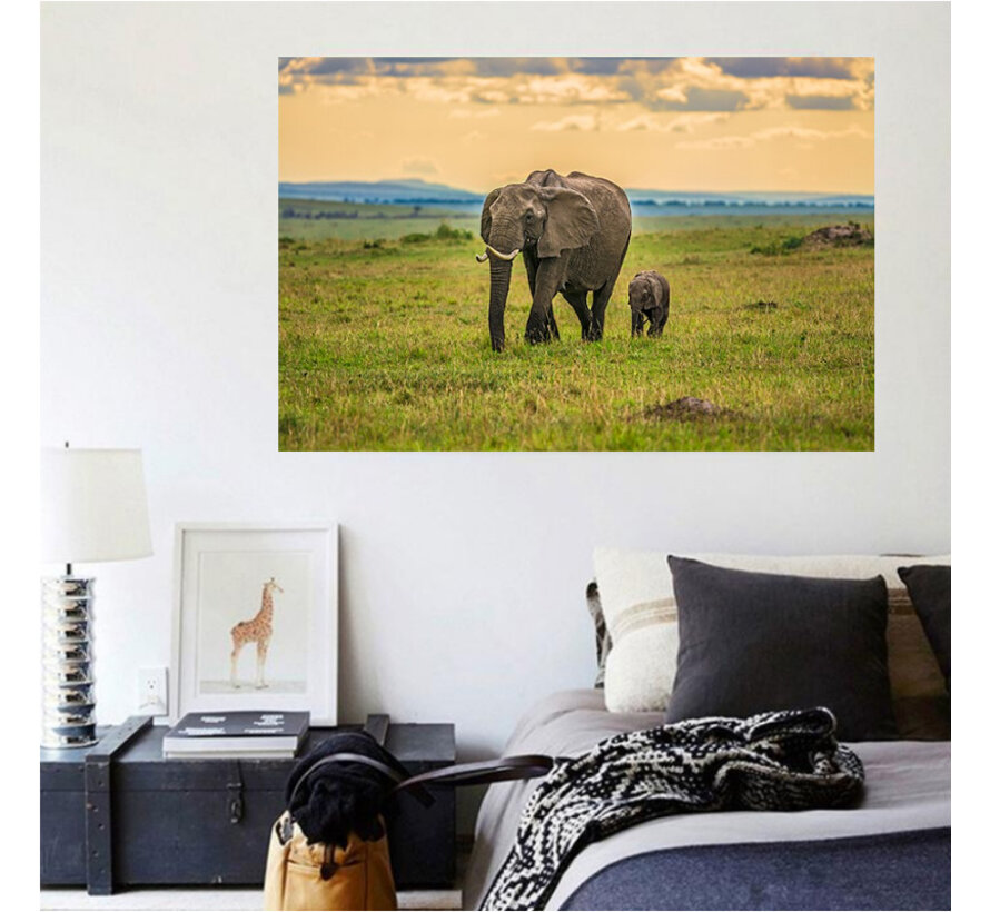 Allernieuwste.nl® Canvas Schilderij Olifant met Babyjong Kalf - Natuur - kleur - 50 x 90 cm