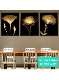 Allernieuwste.nl Canvas Schilderij 3-luik Prachtige Gouden Bloemen - 3st 40 x 50 cm