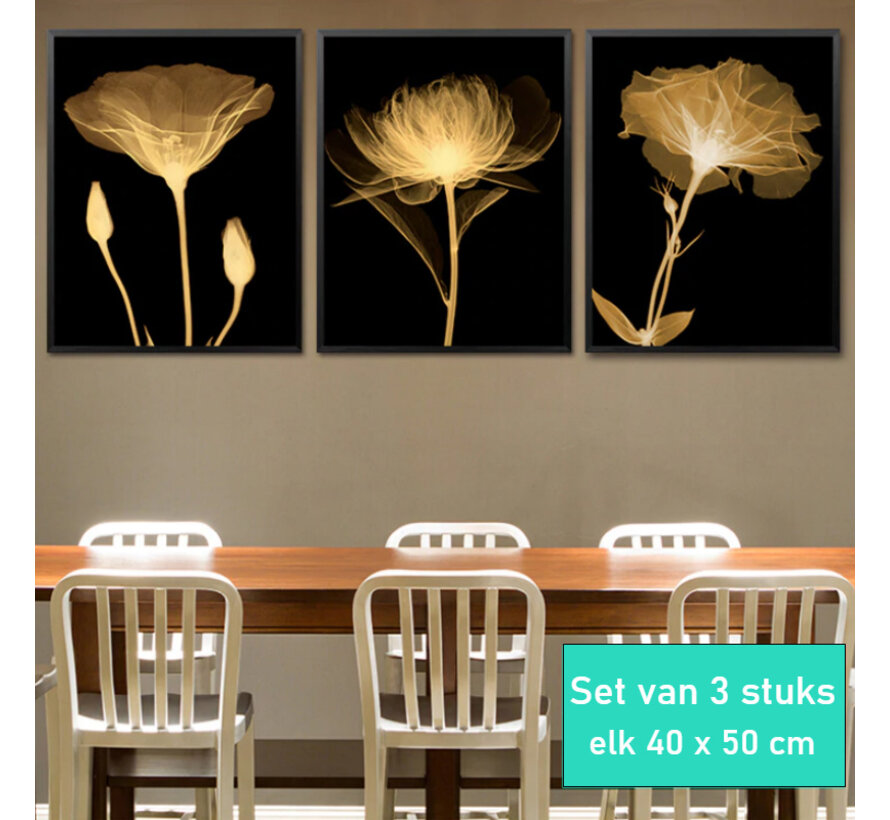 Allernieuwste.nl® SET van 3 st. Canvas Prachtige Gouden Bloemen - Goud-Zwart - SET 3x 40 x 50 cm