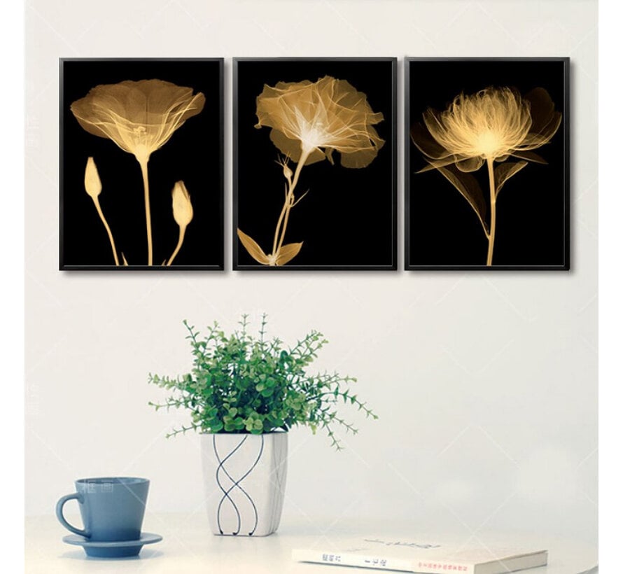Allernieuwste.nl® SET van 3 st. Canvas Prachtige Gouden Bloemen - Goud-Zwart - SET 3x 40 x 50 cm