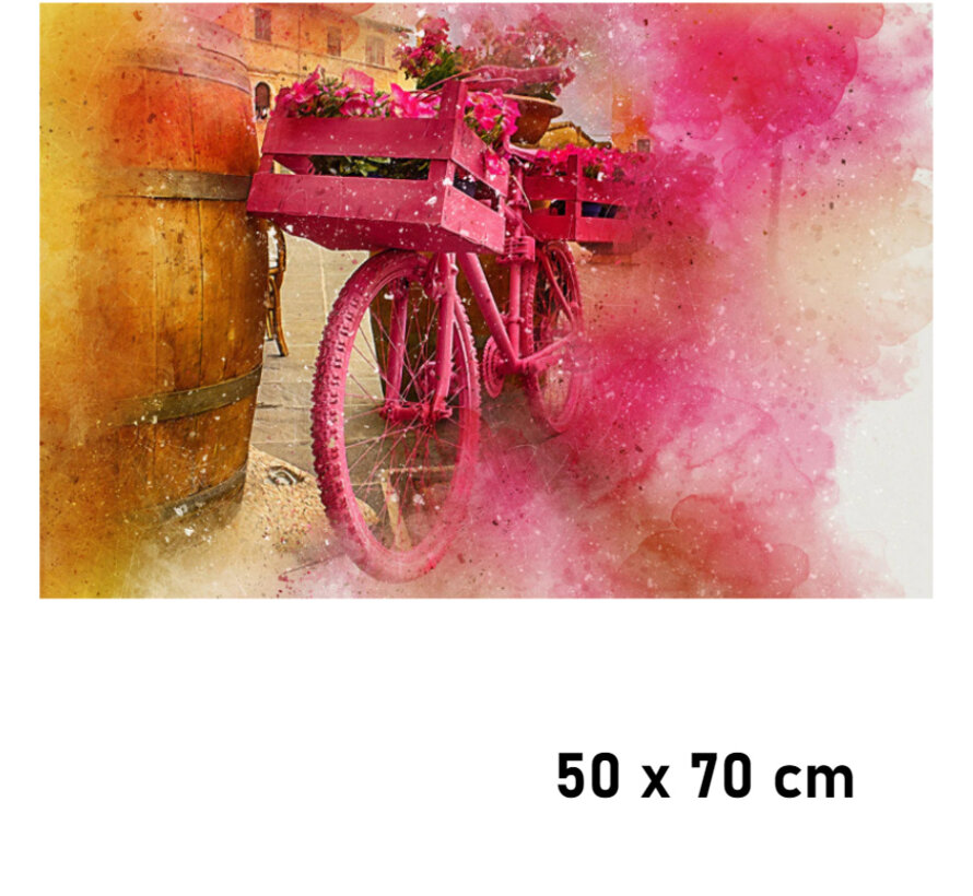 Allernieuwste.nl® Canvas Schilderij Bloemen Fiets Aquarel - Abstract - Kleur Rood - 50 x 70 cm