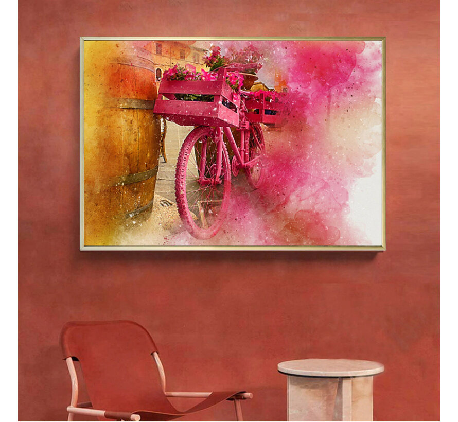 Allernieuwste.nl® Canvas Schilderij Bloemen Fiets Aquarel - Abstract - Kleur Rood - 50 x 70 cm