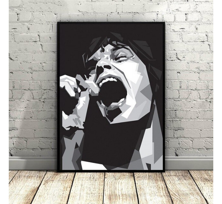 Allernieuwste.nl® Canvas Schilderij * Mick Jagger Rolling Stones Art * - Modern Grafisch - zwart-wit - 50 x 75 cm