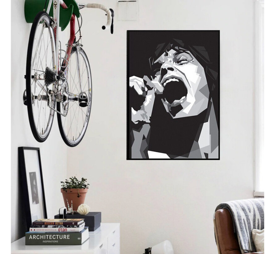 Allernieuwste.nl® Canvas Schilderij * Mick Jagger Rolling Stones Art * - Modern Grafisch - zwart-wit - 50 x 75 cm