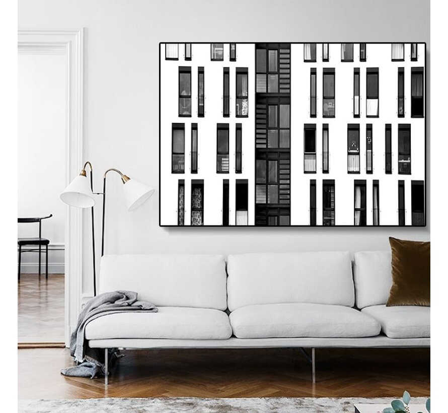 Allernieuwste.nl® Canvas Schilderij Modern Industriële Stijl Gebouw  - Industrieel Retro - Zwart wit - 70 x 140 cm