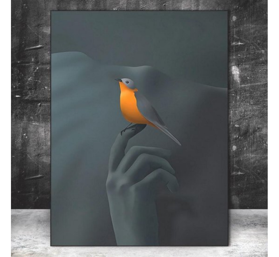 Allernieuwste.nl® Canvas Schilderij * Vogel op de Vinger * - Kunst aan je Muur - Modern Realistisch - Kleur - 50 x 70 cm