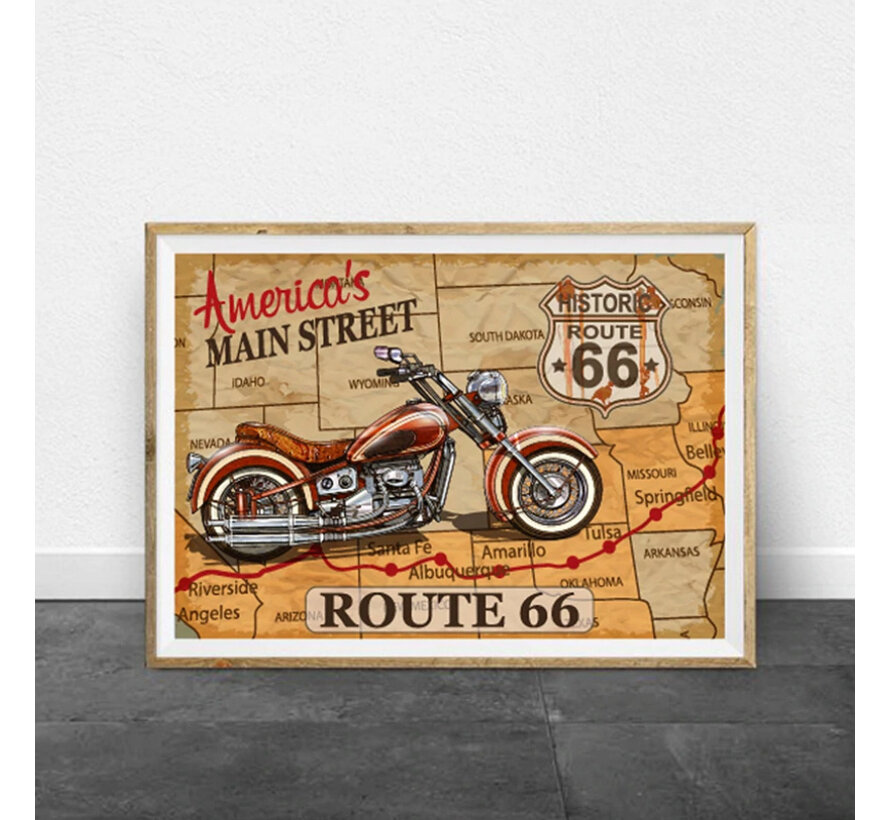 Allernieuwste.nl® Canvas Schilderij ROUTE 66 - US Mainstreet - Vintage - kleur - 50 x 70 cm