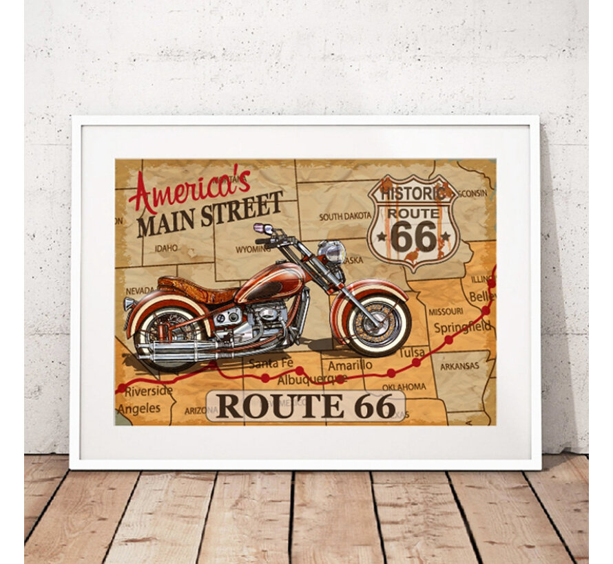 Allernieuwste.nl® Canvas Schilderij ROUTE 66 - US Mainstreet - Vintage - kleur - 50 x 70 cm