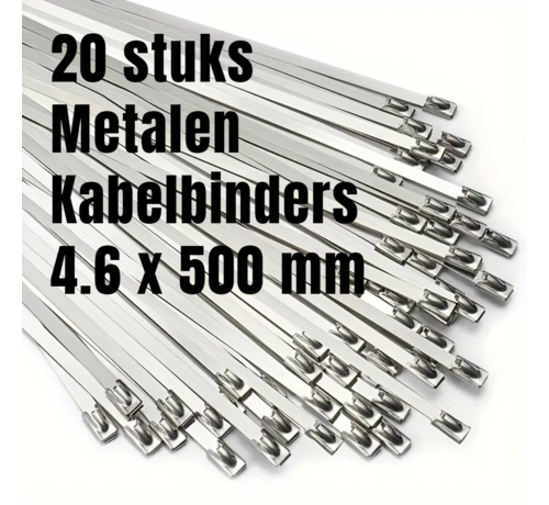 Allernieuwste.nl Allernieuwste.nl® 20 STUKS RVS Metalen Kabelbinders Tie Wraps Tyraps 4.6 x 500 mm - max 90 kg Trekkracht - Binnen en Buiten - Waterafsotend UV- Roest- en Chemisch Bestendig - 4.6 x 500mm - 20 Stuks %%