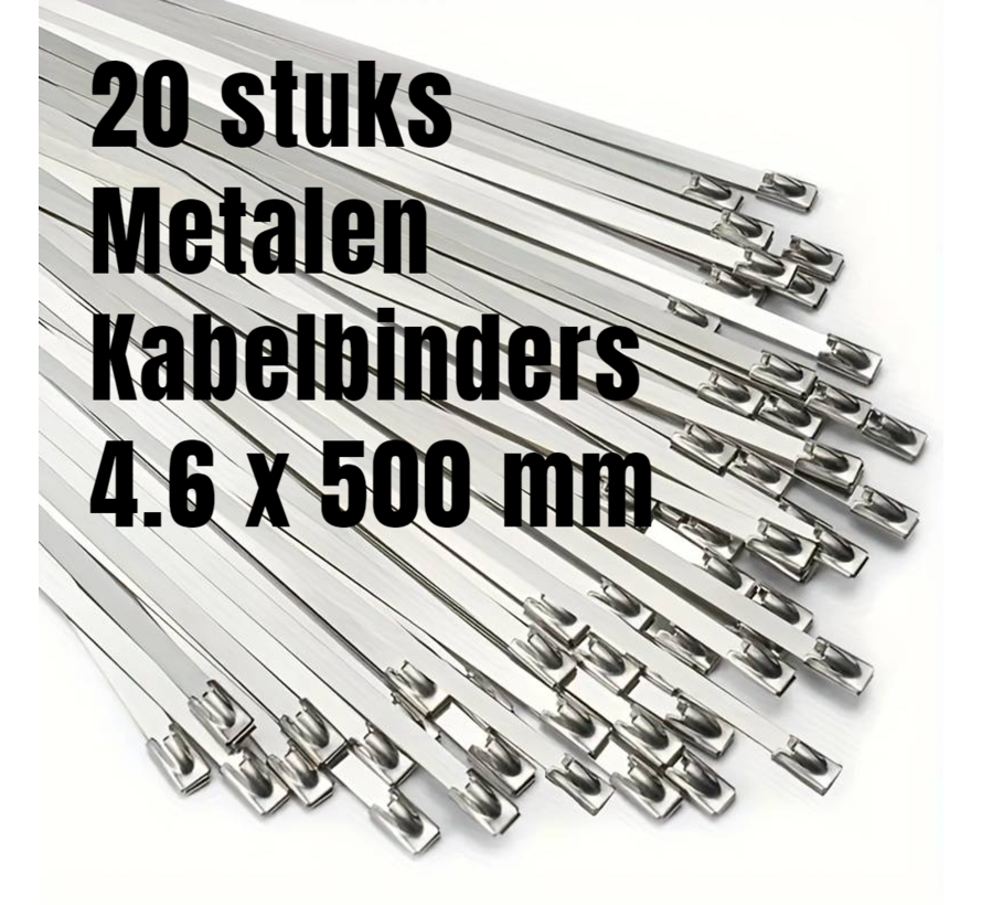 Allernieuwste.nl® 20 STUKS RVS Metalen Kabelbinders Tie Wraps Tyraps 4.6 x 500 mm - max 90 kg Trekkracht - Binnen en Buiten - Waterafsotend UV- Roest- en Chemisch Bestendig - 4.6 x 500mm - 20 Stuks %%