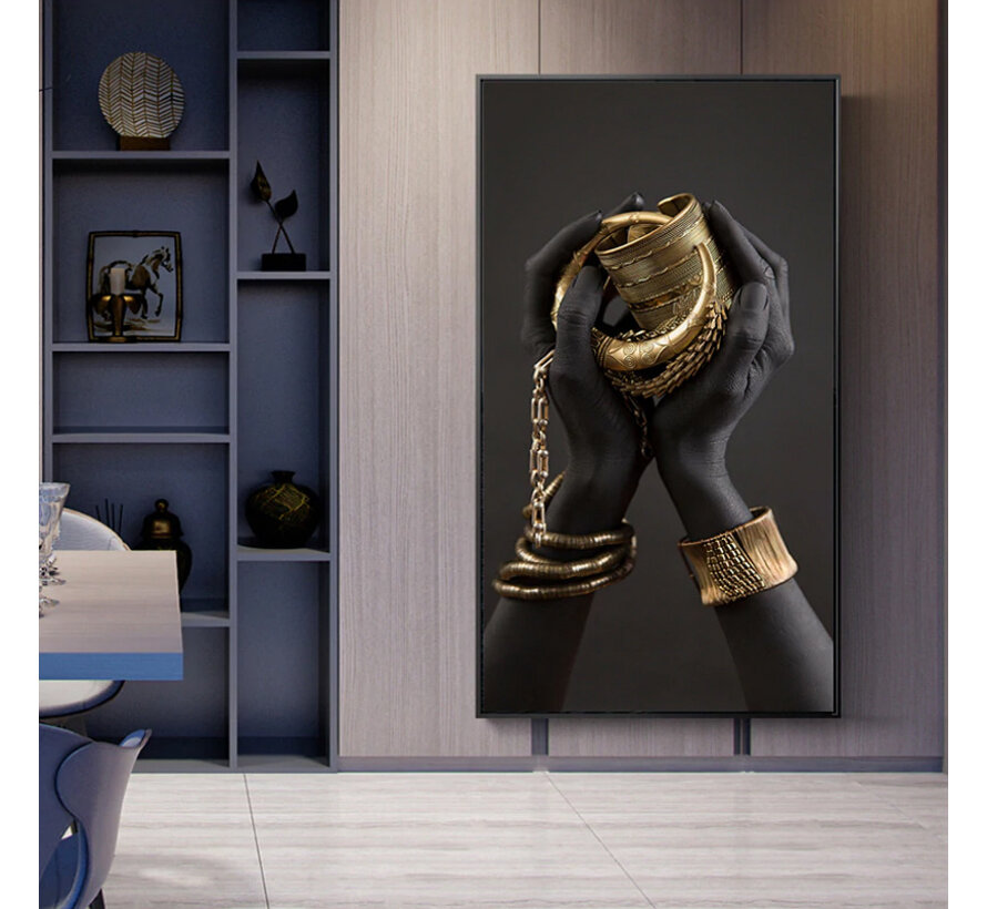 Allernieuwste.nl® Canvas Schilderij Afrikaanse Vrouwenhand met Gouden Sieraden - Kleur Goud-Zwart - XL 70 x 140 cm