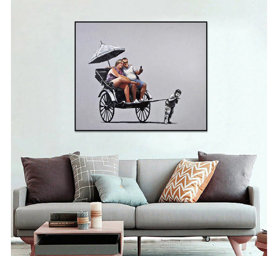 Allernieuwste.nl® Canvas Schilderij Banksy RIKSJA TOERISME - Graffiti Art - Kleur - 40 x 50 cm