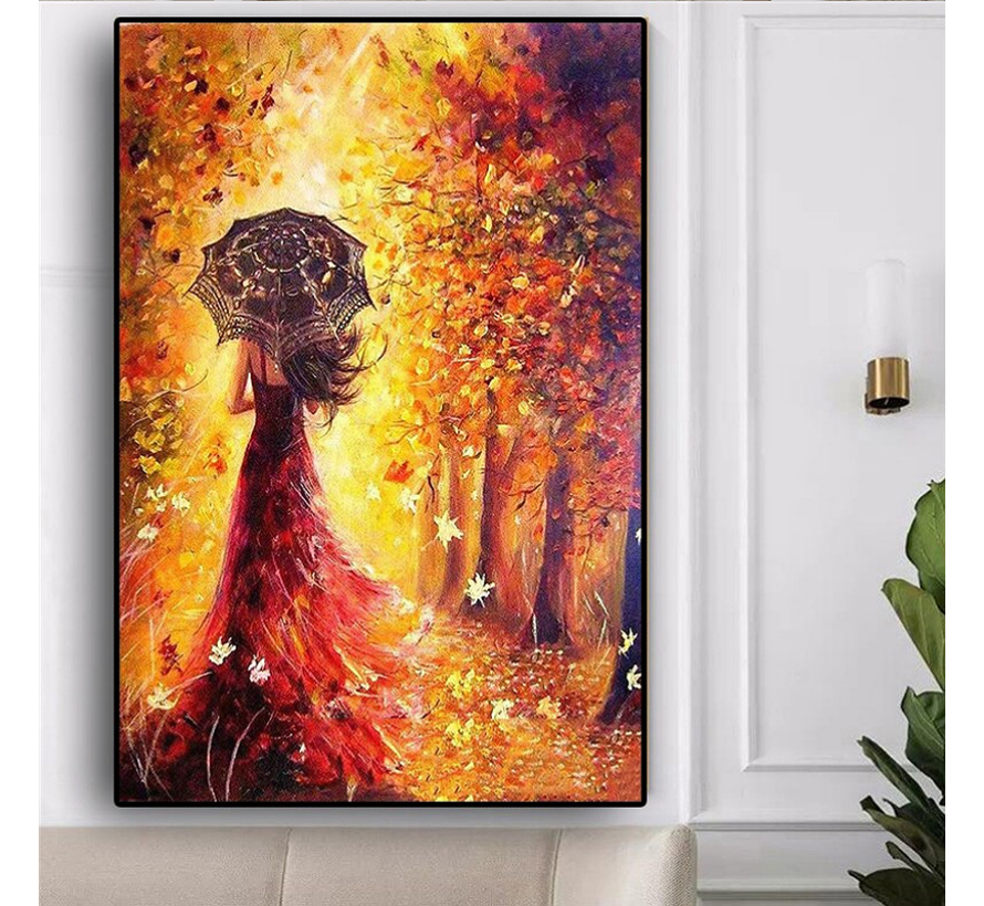 Allernieuwste.nl® Canvas Schilderij Meisje in Gouden Bos - Kunst Poster - Modern Abstract - Kleur - 50 x 70 cm