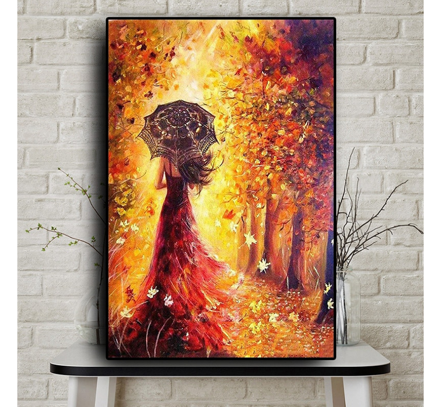 Allernieuwste.nl® Canvas Schilderij Meisje in Gouden Bos - Kunst Poster - Modern Abstract - Kleur - 50 x 70 cm