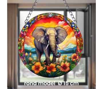 Allernieuwste.nl Ronde Raamhanger Raamdecoratie Olifant + Bloemen met Ketting - 15 cm