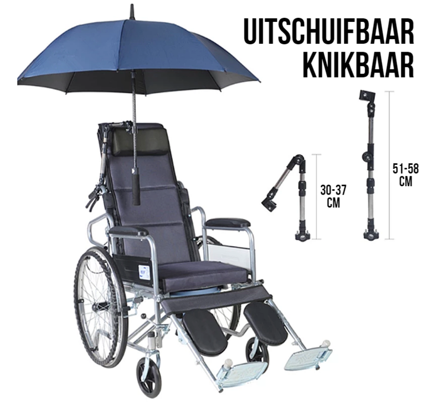 Allernieuwste.nl® Uitschuifbare Knikbare Paraplu Houder Parasol Connector voor Rolstoel, Scootmobiel, Scooter, Kinderwagen - 51-58 cm - Zwart