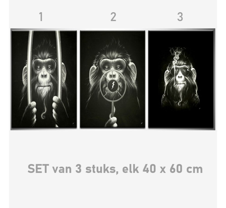 Allernieuwste.nl® Canvas Schilderij SET v 3st 3 Apen: Horen-Zien-Zwijgen Gangsters - Modern Graffiti - Poster - SET 3x 40 x 60 cm