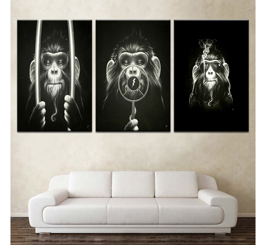 Allernieuwste.nl® Canvas Schilderij SET v 3st 3 Apen: Horen-Zien-Zwijgen Gangsters - Modern Graffiti - Poster - SET 3x 40 x 60 cm