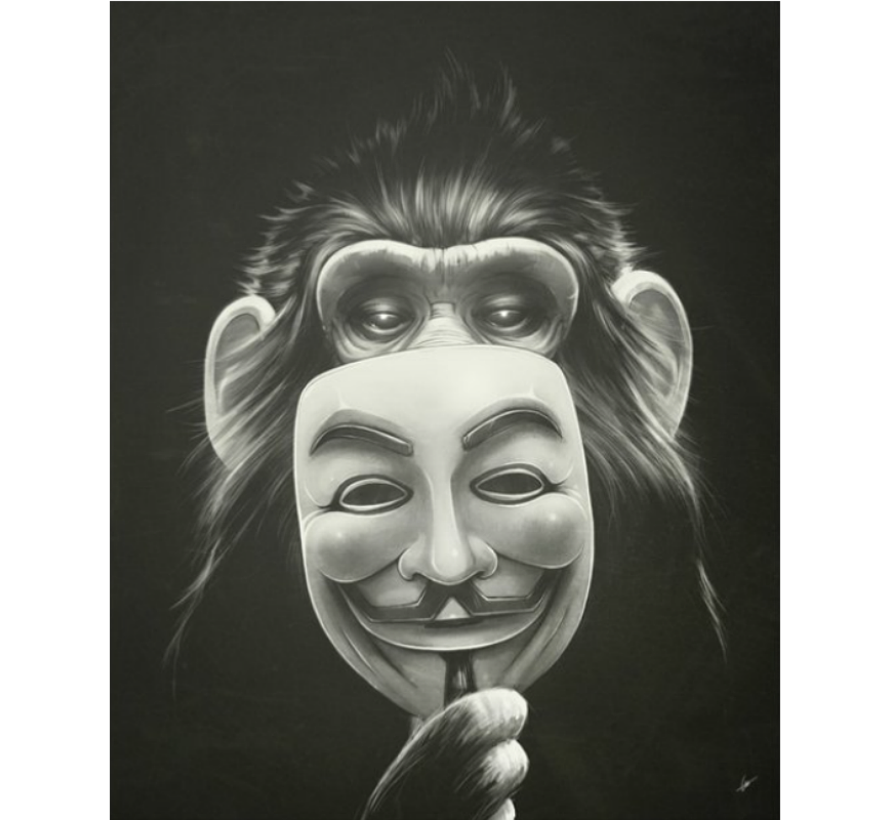 Allernieuwste.nl® Canvas Schilderij La Casa De Papel - Aap met Masker - Dieren - Kunst - Poster - 40 x 60 cm - Zwart Wit