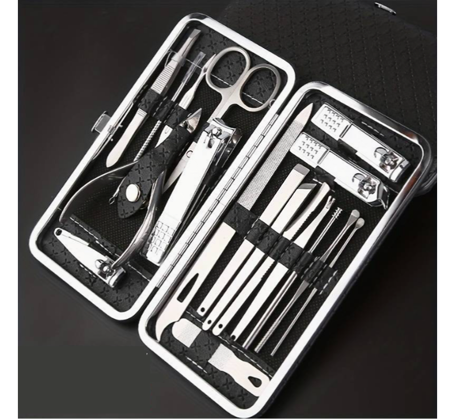 Allernieuwste.nl® 19-Delige Manicure Set Pedicure Set RVS - Professionele Verzorgingsset Manicureset Reisnagelset - Roestvrijstaal 19 delig met Etui %%